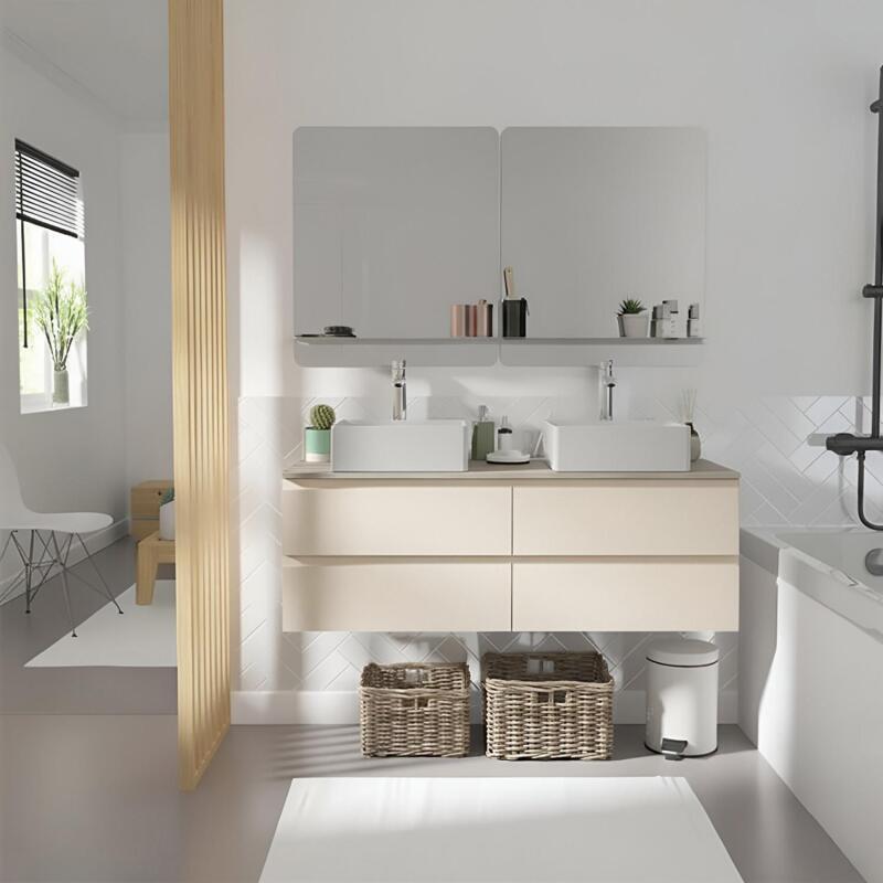 Meuble double vasque suspendu 120cm - avec plan vasque décor chêne - sans vasque