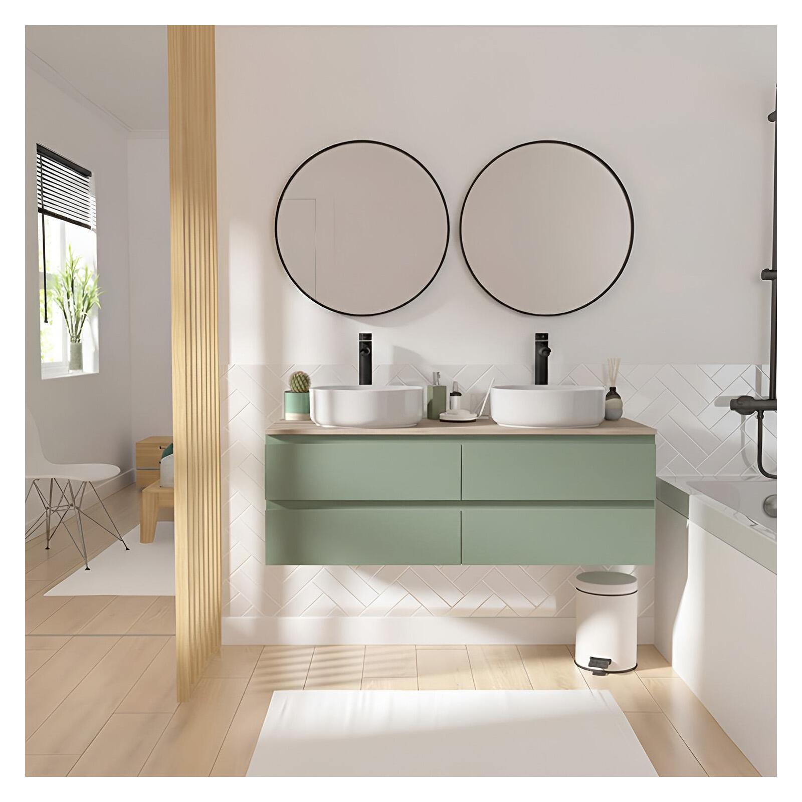 Meuble double vasque suspendu 120cm - avec plan vasque décor chêne - sans vasque