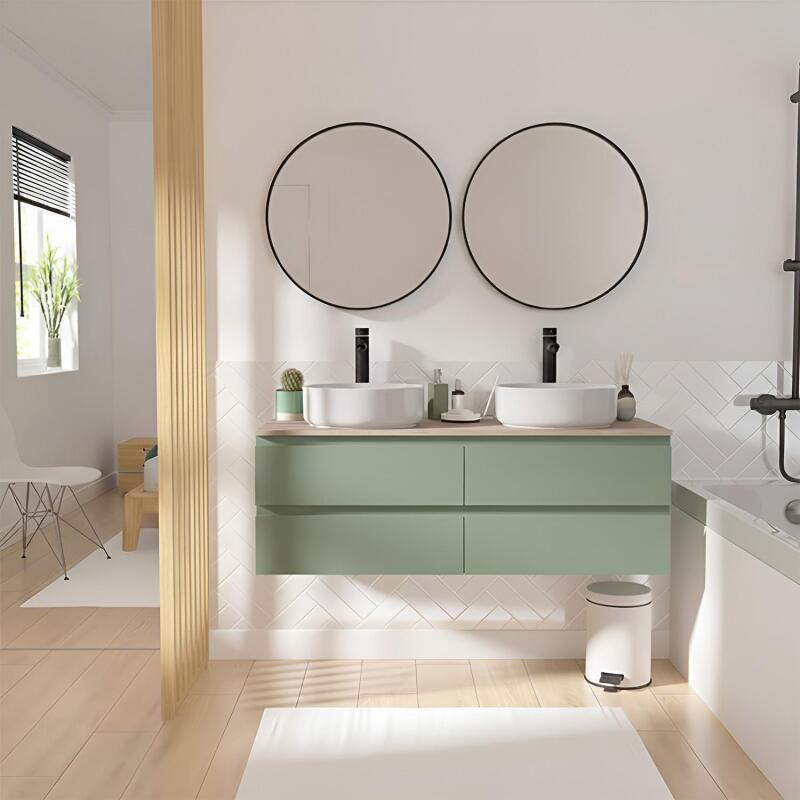 Meuble double vasque suspendu 120cm - avec plan vasque décor chêne - sans vasque
