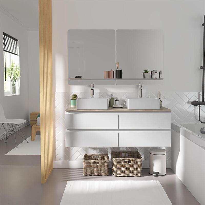 Meuble double vasque suspendu 120cm - avec plan vasque décor chêne - sans vasque