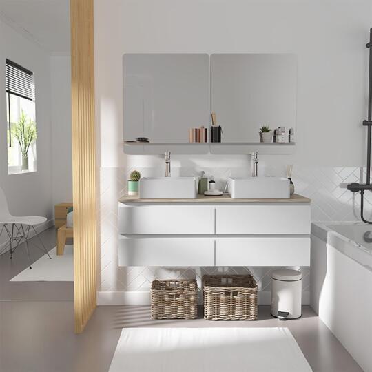 Meuble double vasque suspendu 120cm - avec plan vasque décor chêne - sans vasque