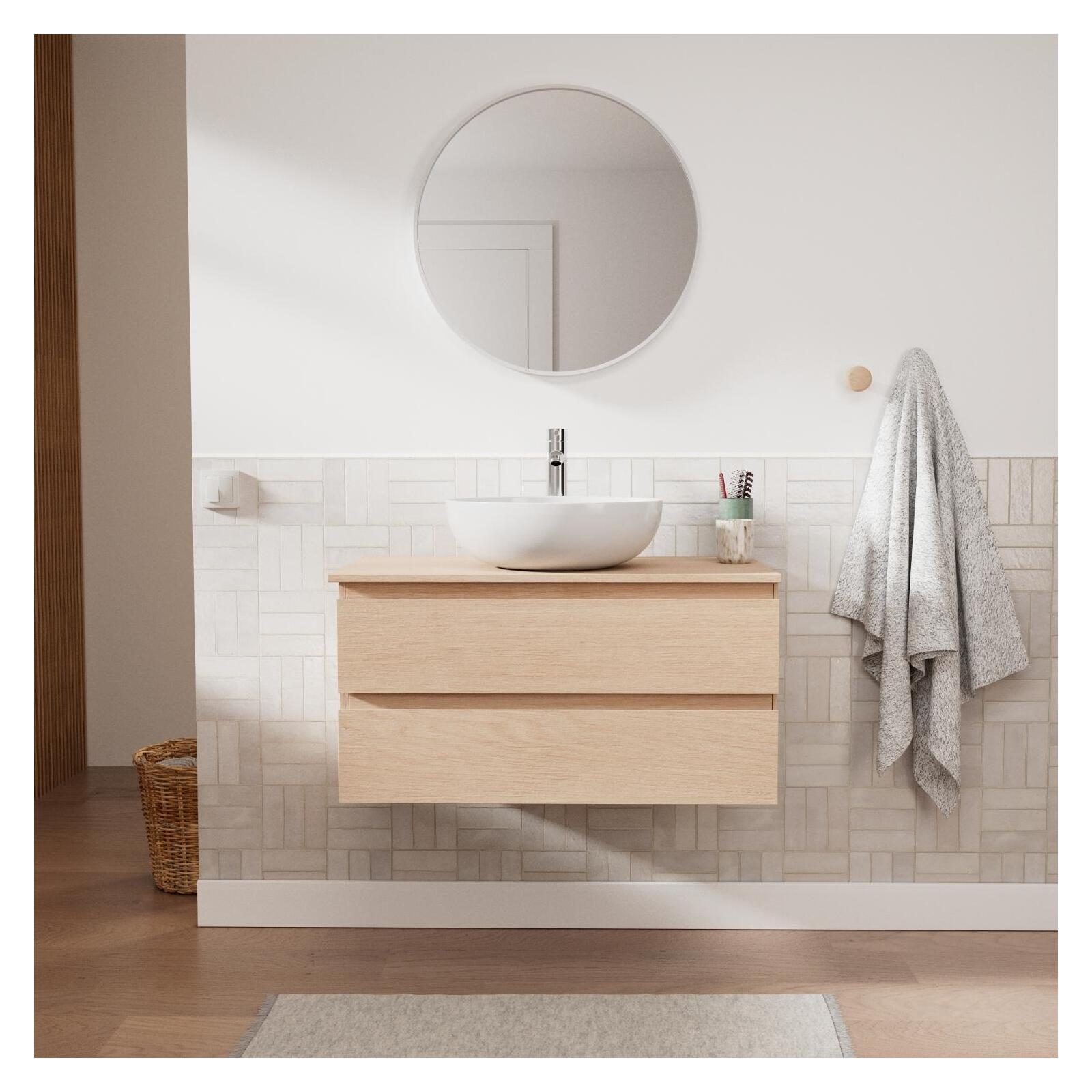 Meuble sous vasque suspendu 80cm - avec plan vasque décor chêne - sans vasque