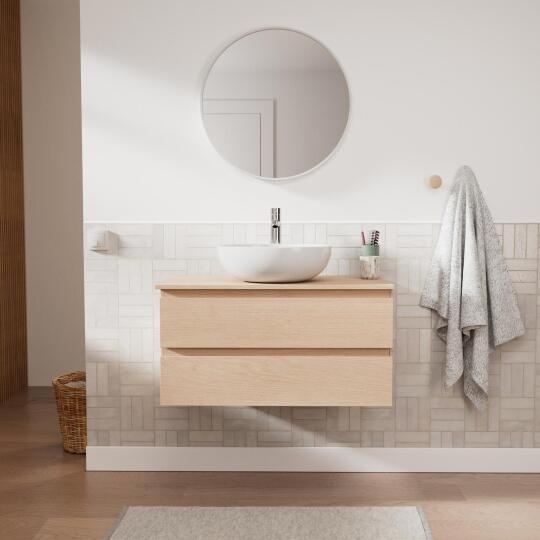 Meuble sous vasque suspendu 80cm - avec plan vasque décor chêne - sans vasque
