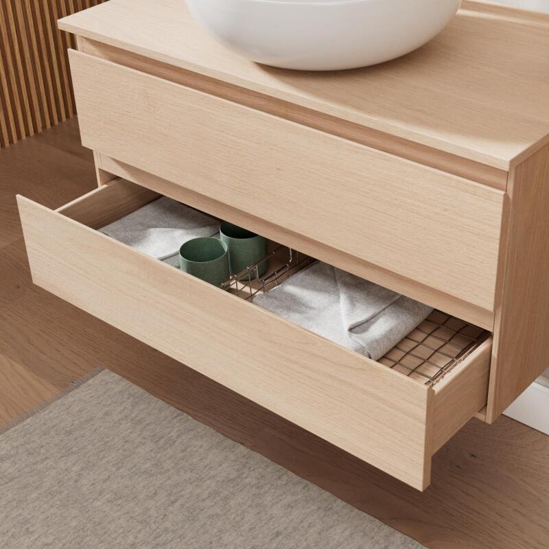 Meuble sous vasque suspendu 80cm - avec plan vasque décor chêne - sans vasque