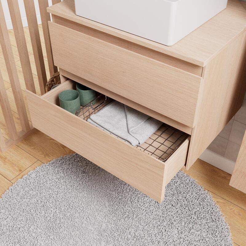 Meuble sous vasque suspendu 60cm - avec plan vasque décor chêne - sans vasque