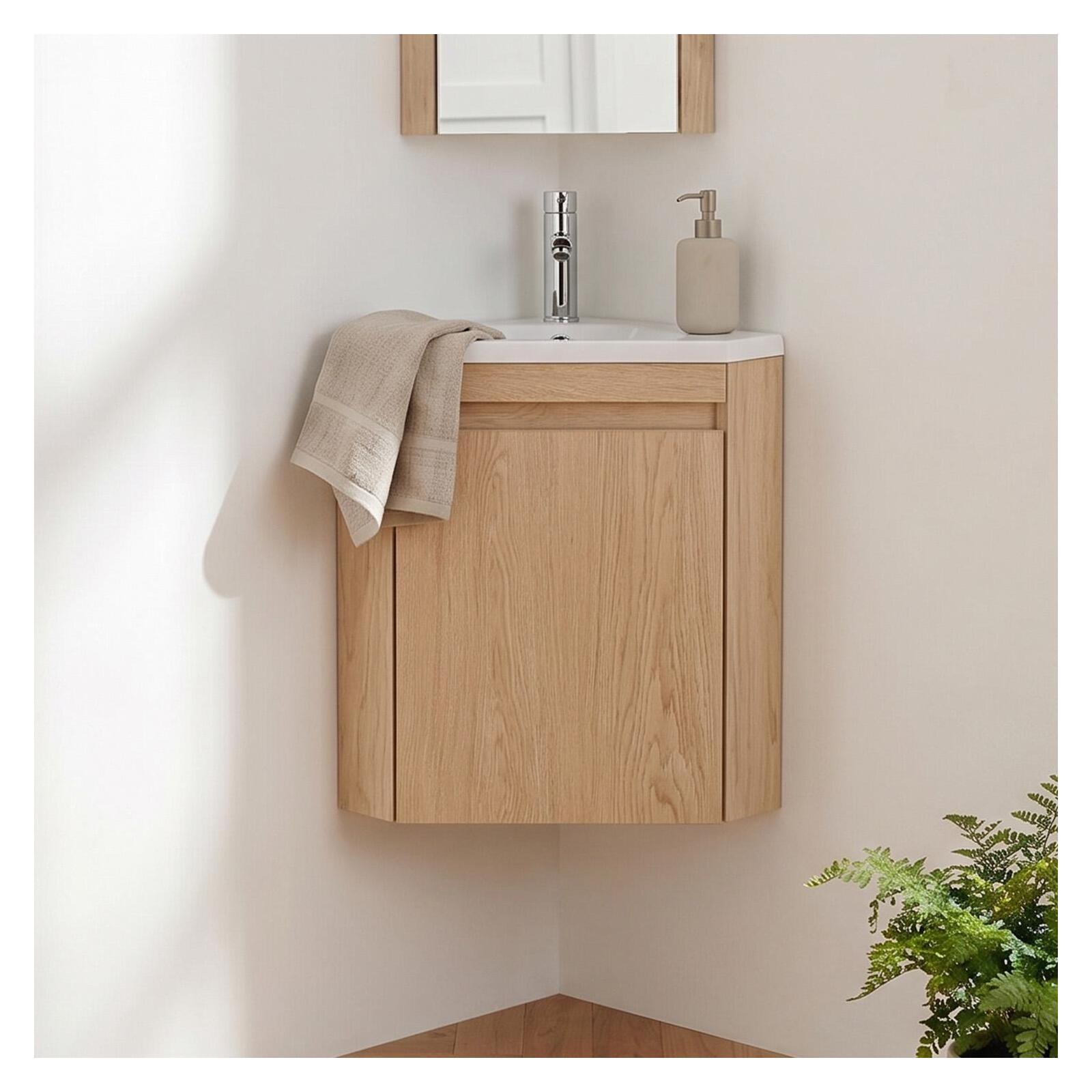 Meuble lave-mains d'angle suspendu avec vasque résine