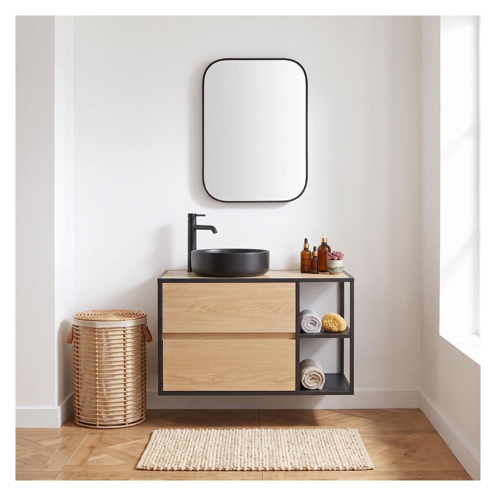 Meuble simple vasque suspendu 70 cm avec étagères et tiroirs - sans vasque