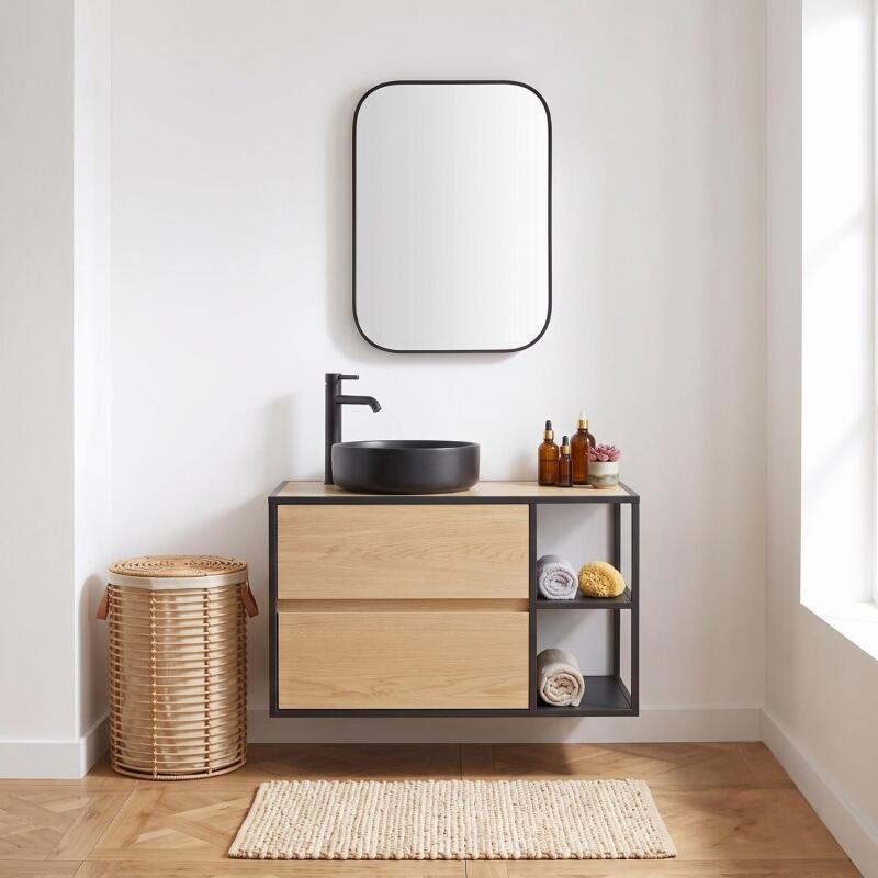 Meuble simple vasque suspendu 70 cm avec étagères et tiroirs - sans vasque