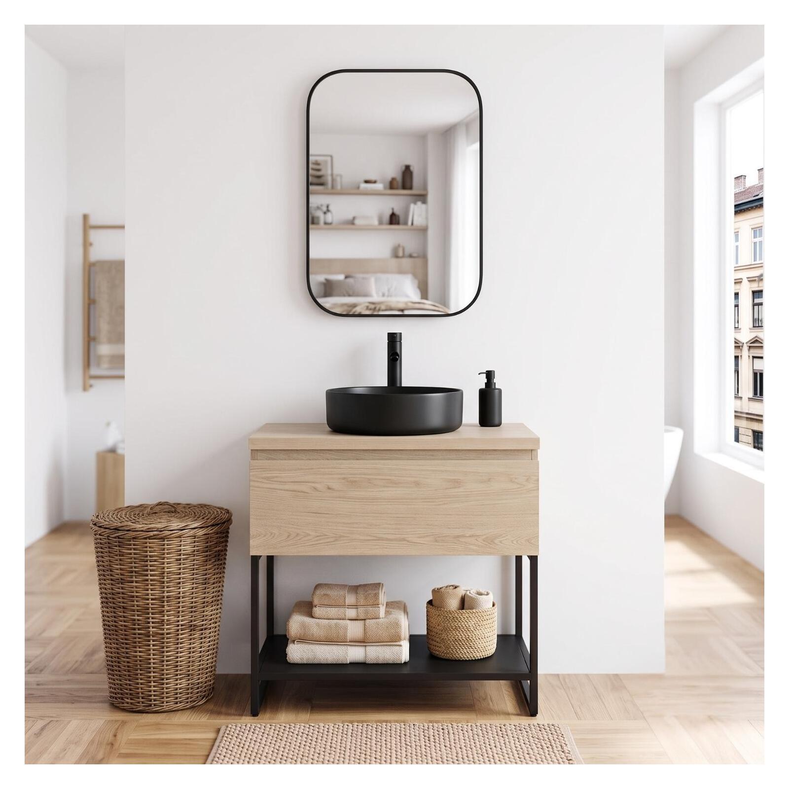 Meuble simple vasque décor chêne 60cm avec pieds métal noir - sans vasque