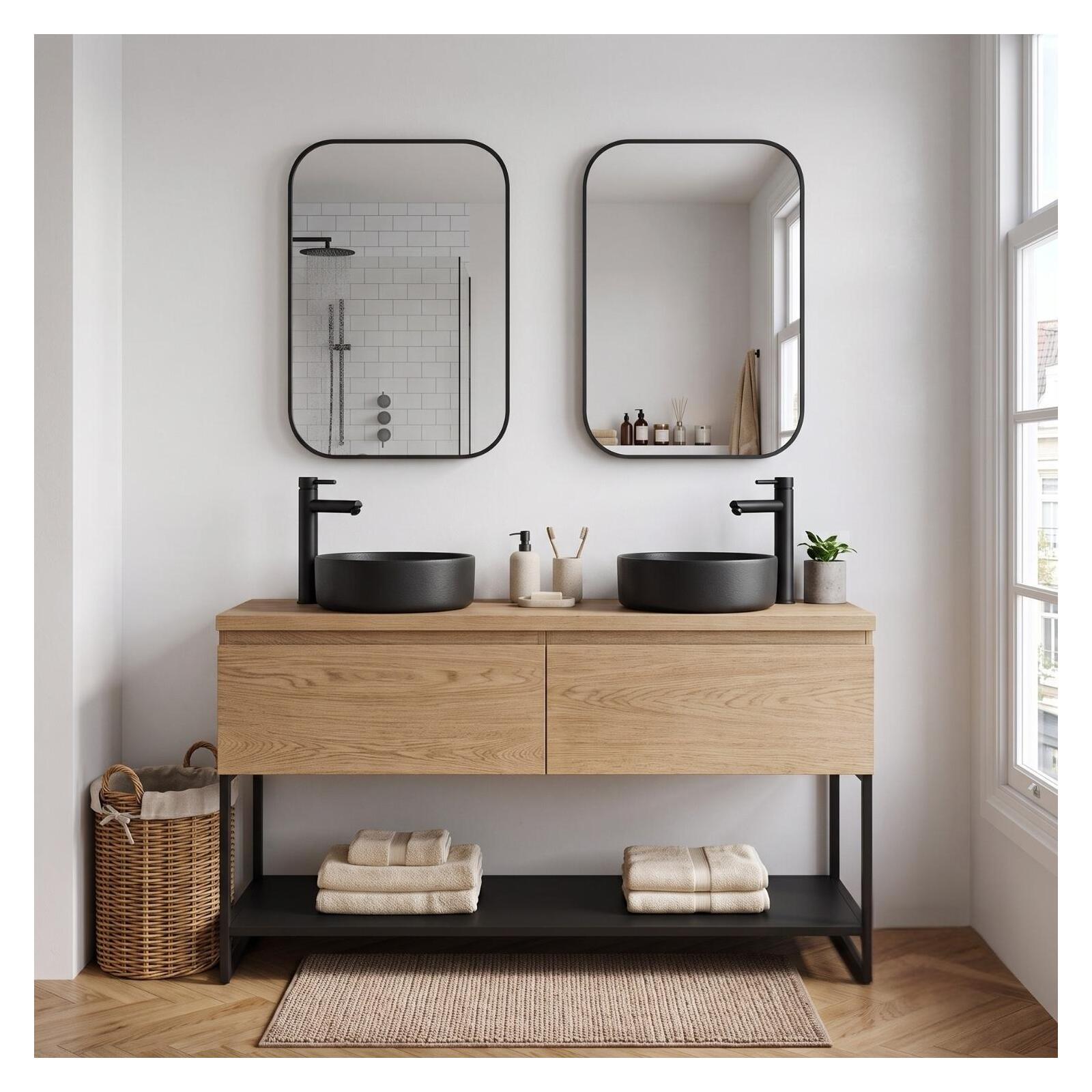 Meuble double vasque 120 cm décor chêne et pieds en métal noir - sans vasque
