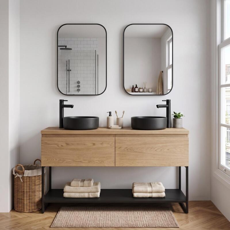 Meuble double vasque 120 cm décor chêne et pieds en métal noir - sans vasque
