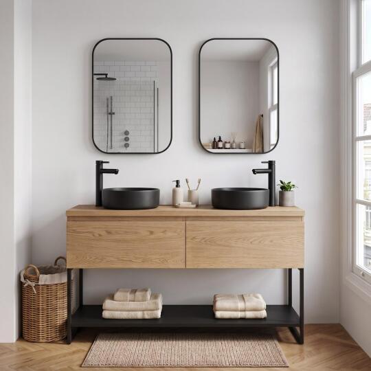 Meuble double vasque 120 cm décor chêne et pieds en métal noir - sans vasque