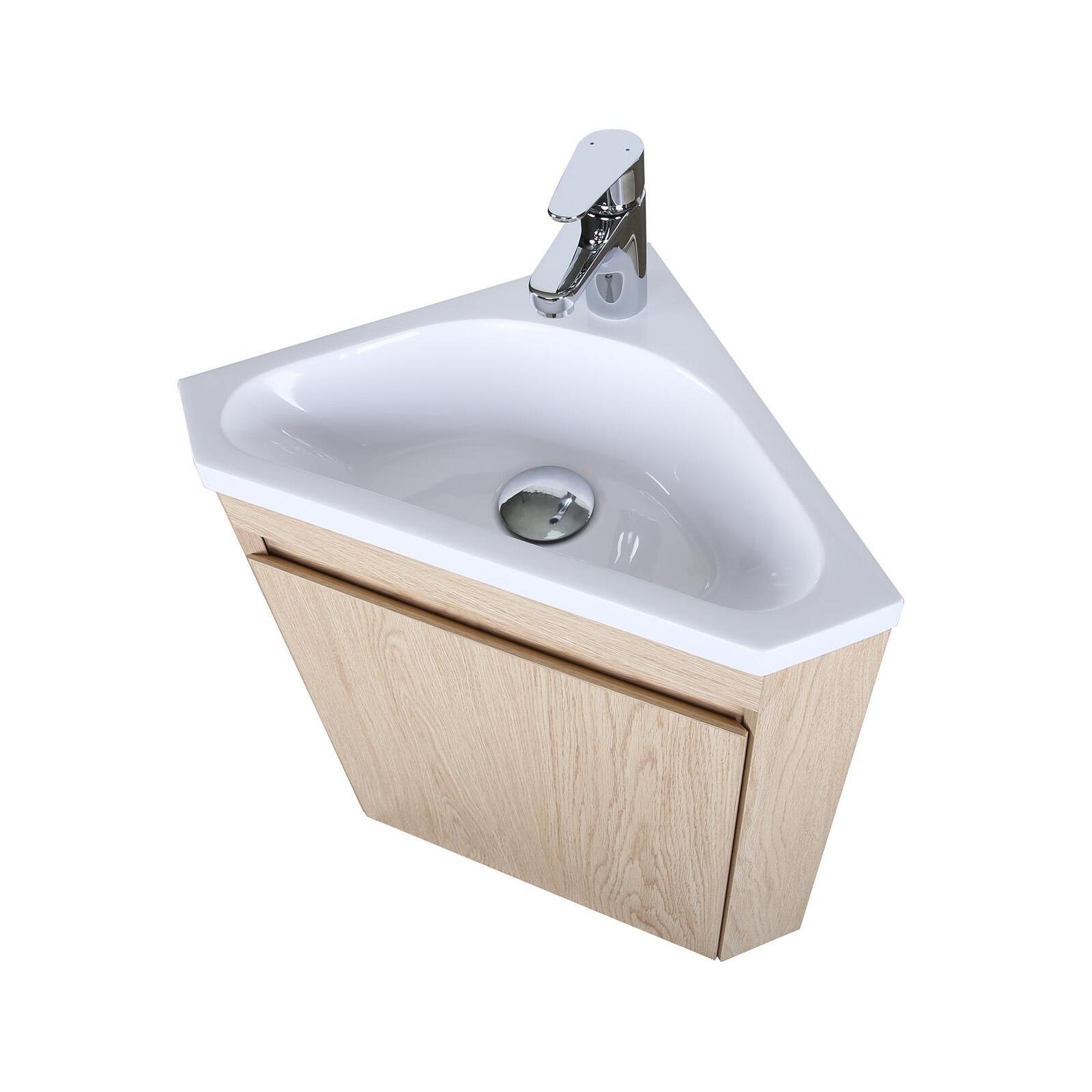Ensemble lave-mains d'angle suspendu avec vasque résine et robinet chromé et armoire d'angle