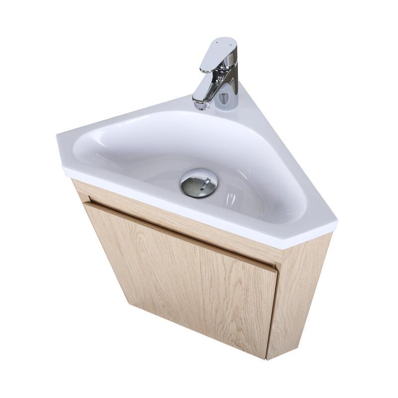 Ensemble lave-mains d'angle suspendu avec vasque résine et robinet chromé et armoire d'angle