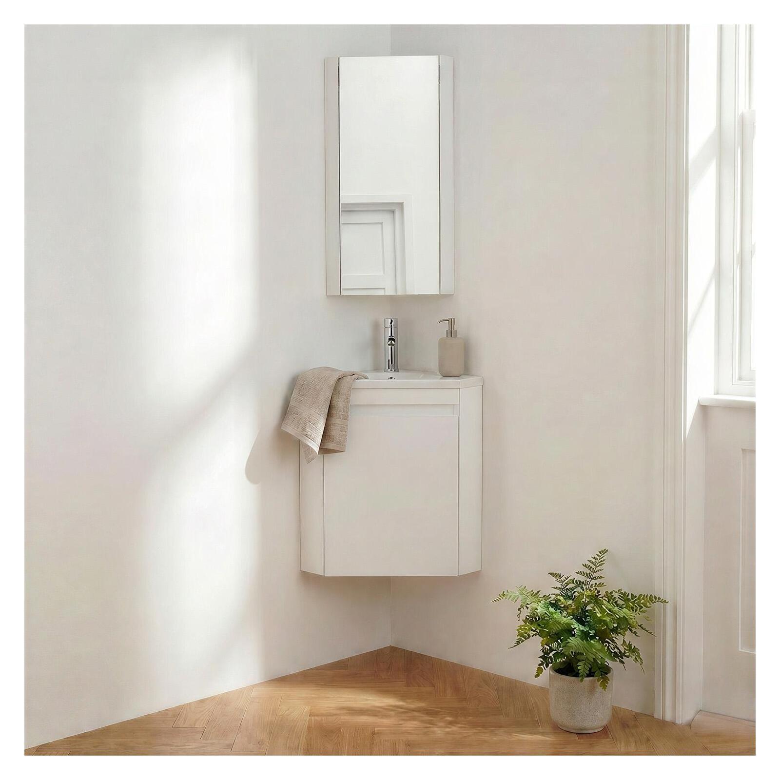 Ensemble lave-mains d'angle suspendu avec vasque résine et robinet chromé et armoire d'angle