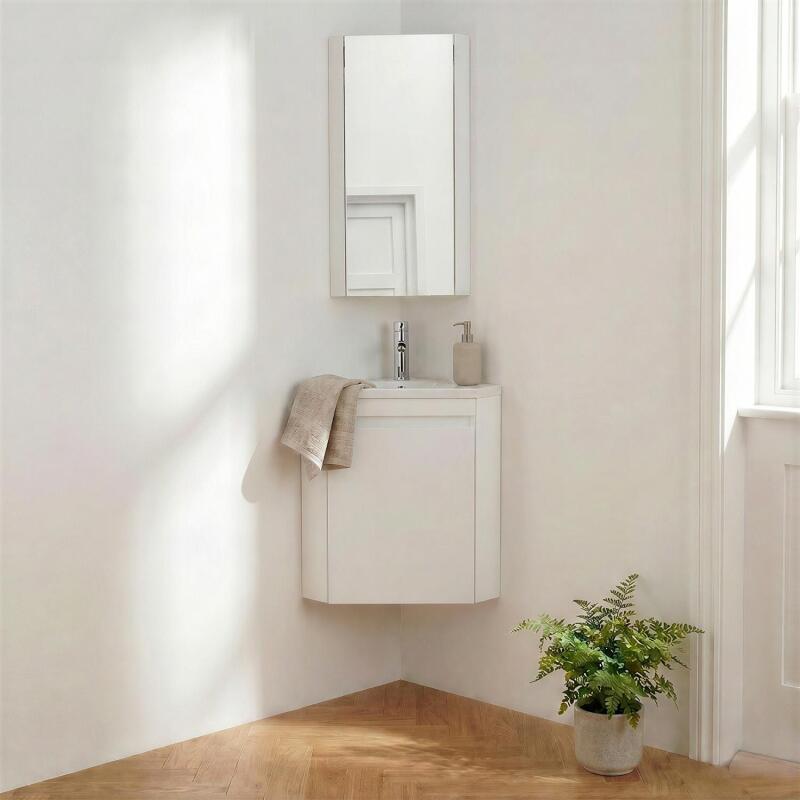 Ensemble lave-mains d'angle suspendu avec vasque résine et robinet chromé et armoire d'angle