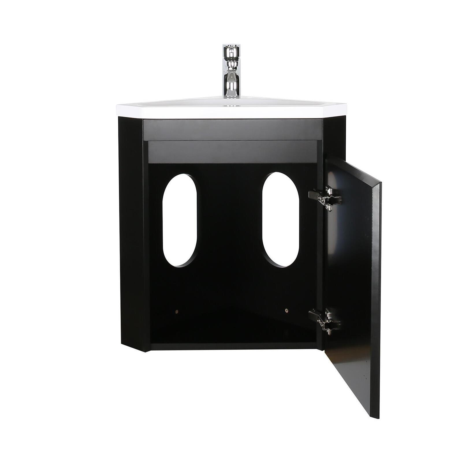 Ensemble lave-mains d'angle suspendu avec vasque résine et robinet chromé et armoire d'angle