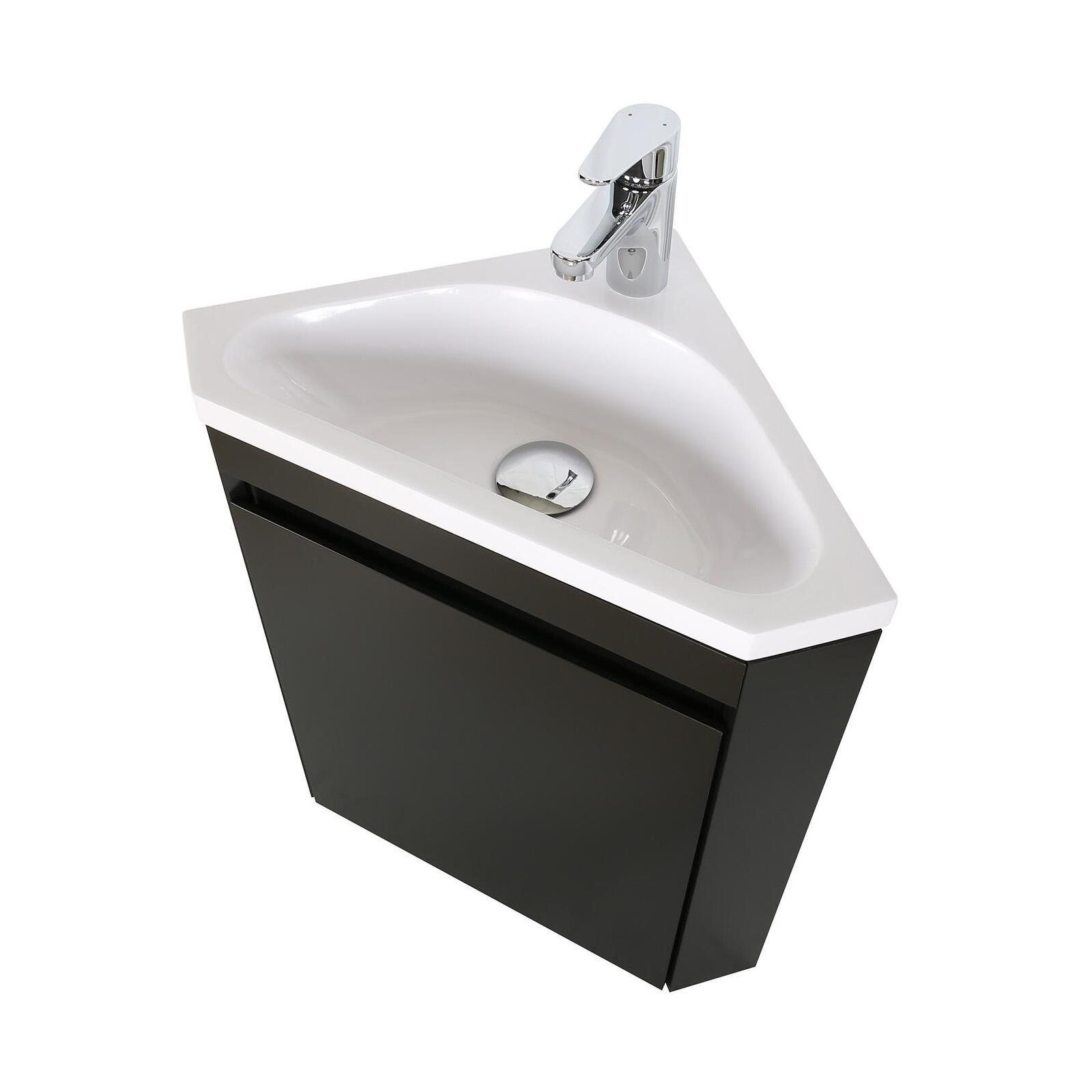 Ensemble lave-mains d'angle suspendu avec vasque résine et robinet chromé et armoire d'angle