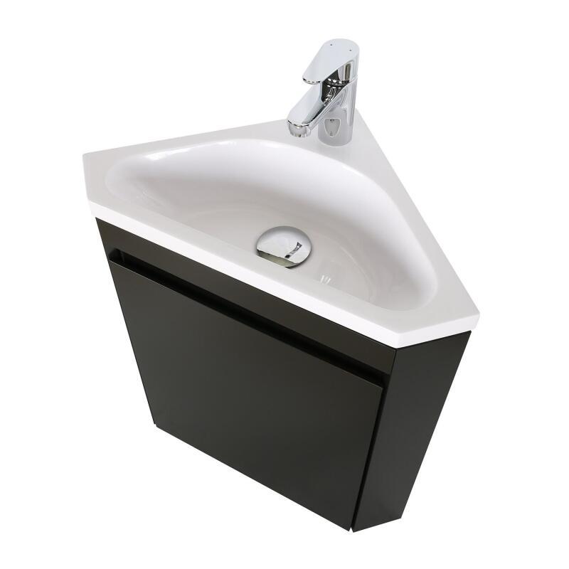 Ensemble lave-mains d'angle suspendu avec vasque résine et robinet chromé et armoire d'angle