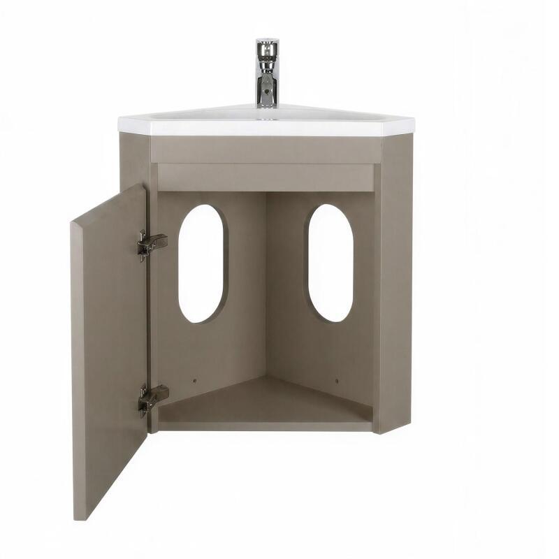 Ensemble lave-mains d'angle suspendu avec vasque résine et robinet chromé et armoire d'angle