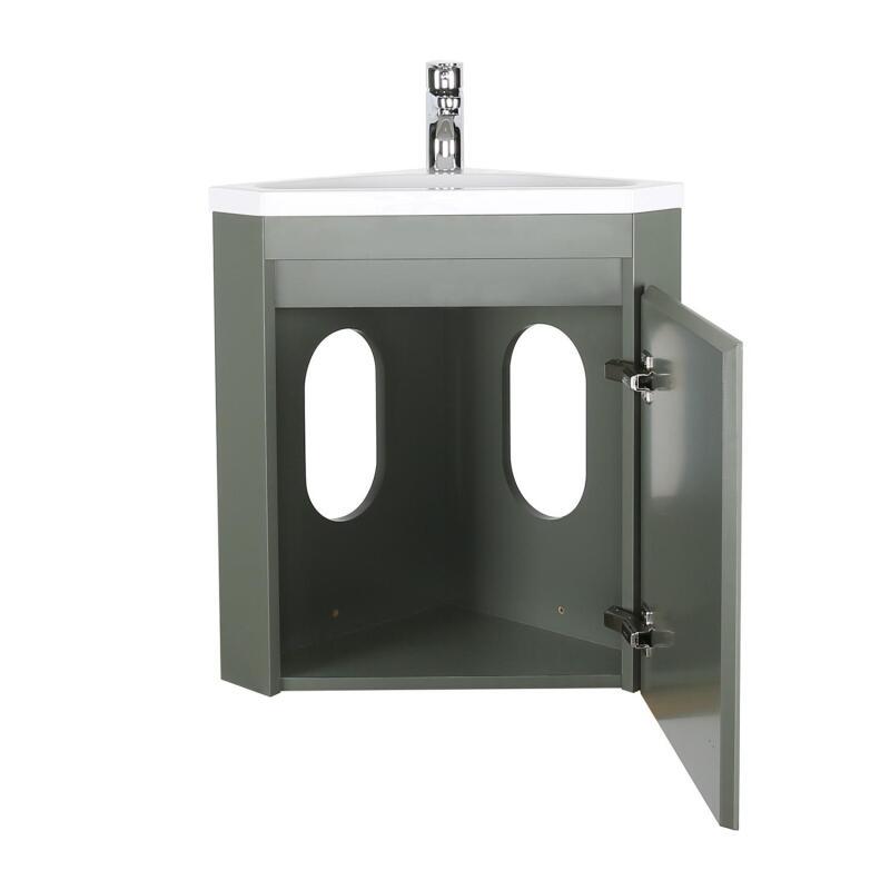 Ensemble lave-mains d'angle suspendu avec vasque résine et robinet chromé et armoire d'angle