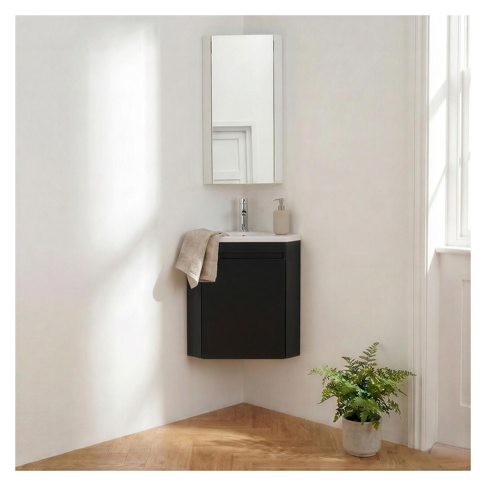 Ensemble lave-mains d'angle suspendu avec vasque résine et robinet chromé et armoire d'angle