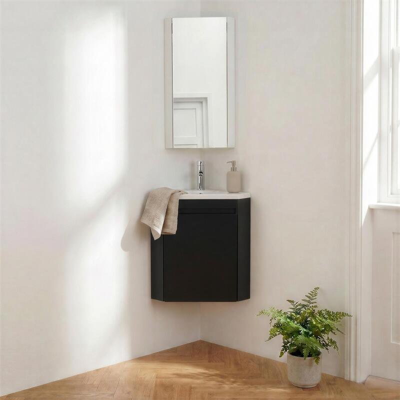 Ensemble lave-mains d'angle suspendu avec vasque résine et robinet chromé et armoire d'angle