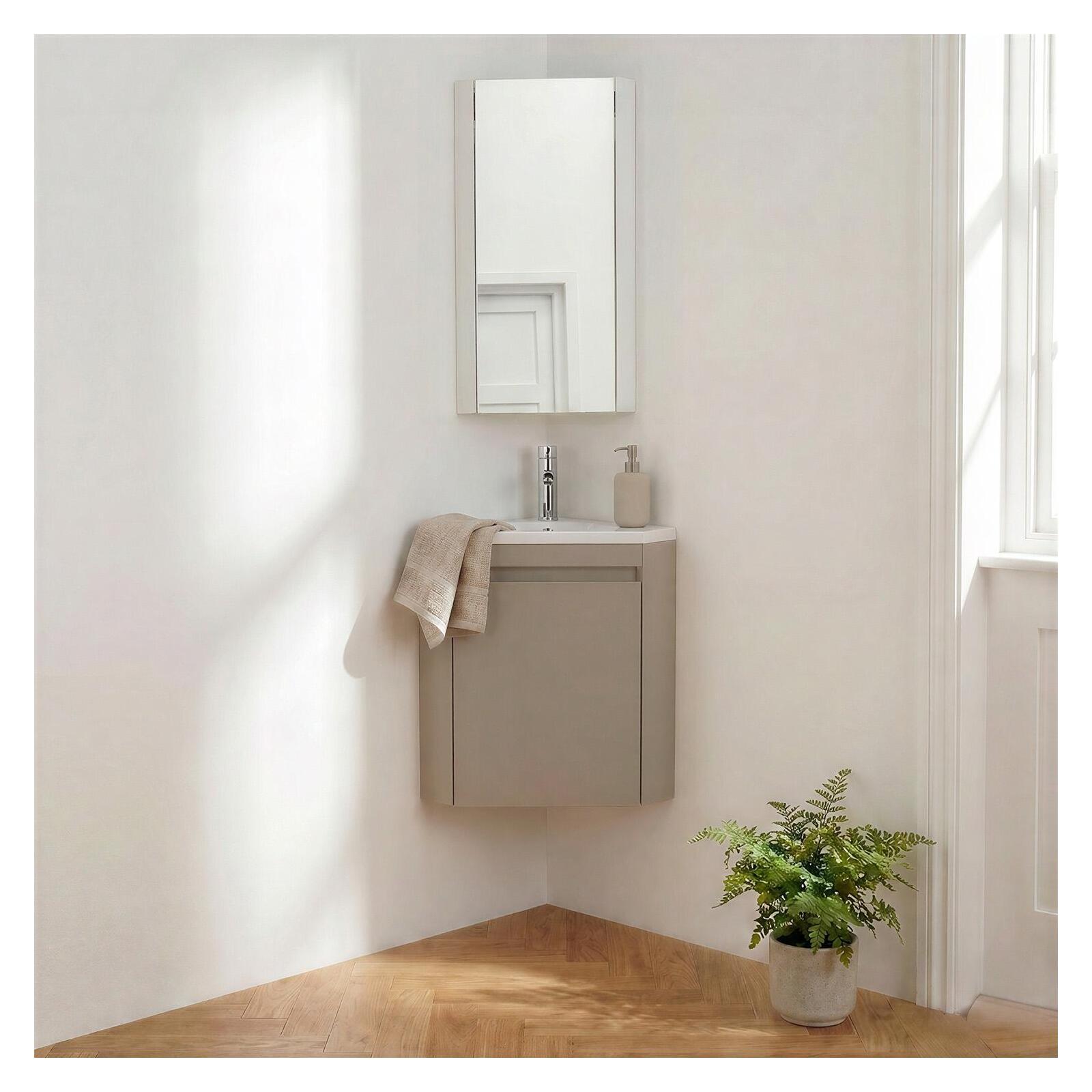 Ensemble lave-mains d'angle suspendu avec vasque résine et robinet chromé et armoire d'angle