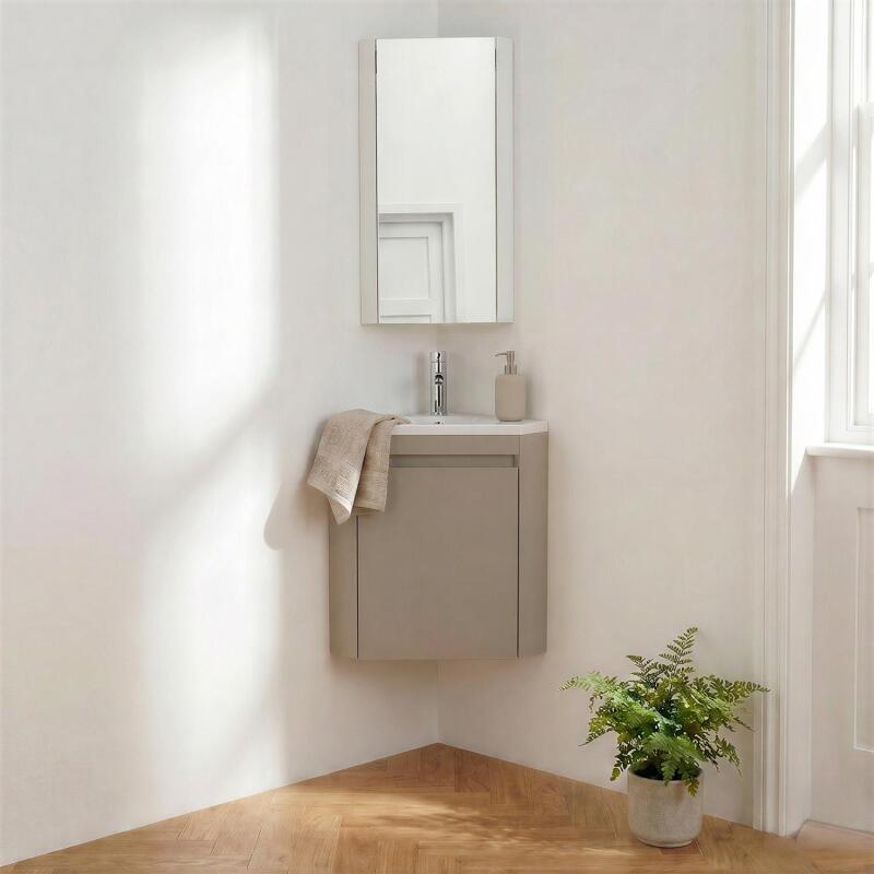Ensemble lave-mains d'angle suspendu avec vasque résine et robinet chromé et armoire d'angle