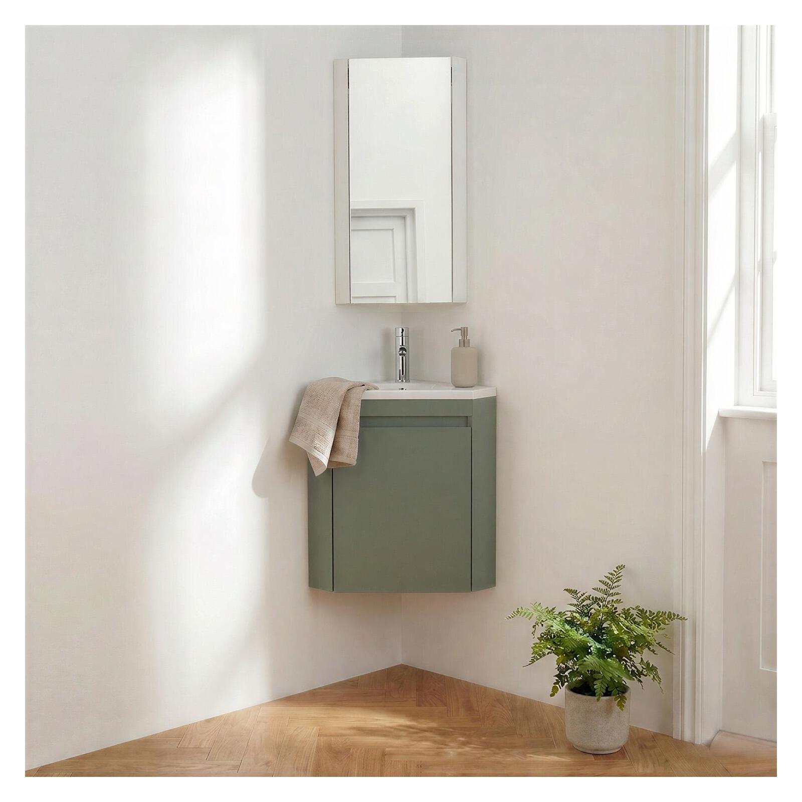 Ensemble lave-mains d'angle suspendu avec vasque résine et robinet chromé et armoire d'angle