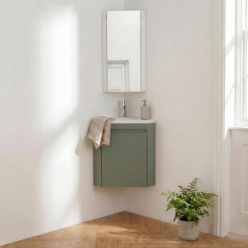 Ensemble lave-mains d'angle suspendu avec vasque résine et robinet chromé et armoire d'angle