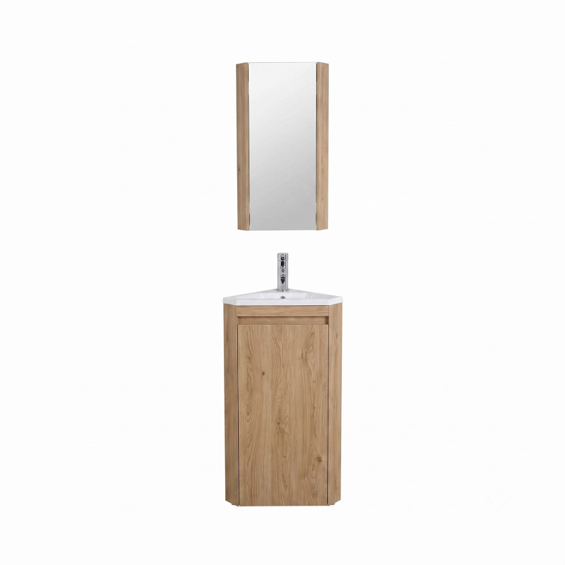 Ensemble lave-mains d'angle sur pieds avec robinet chromé et armoire de toilette