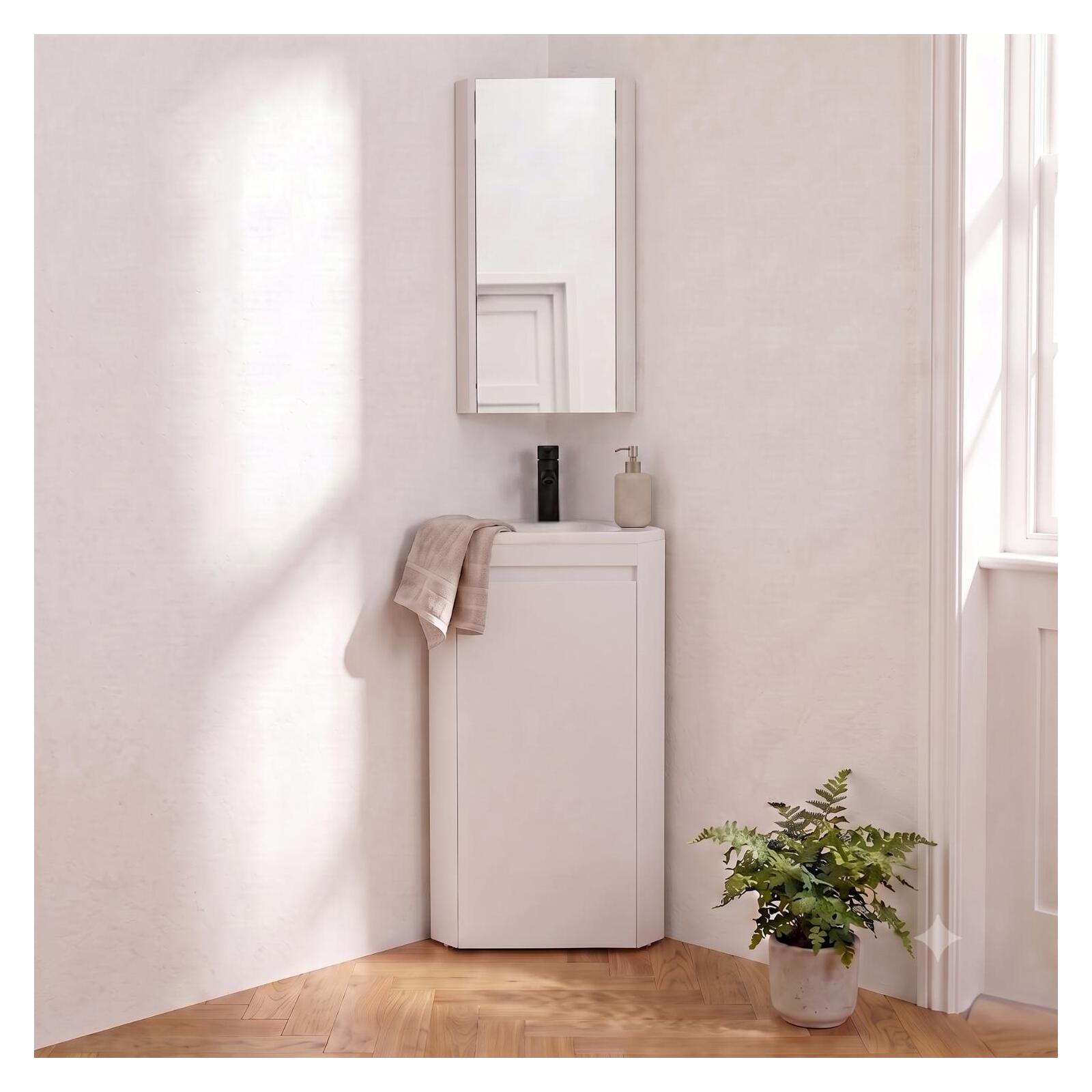 Ensemble lave-mains d'angle sur pieds avec robinet noir et armoire de toilette