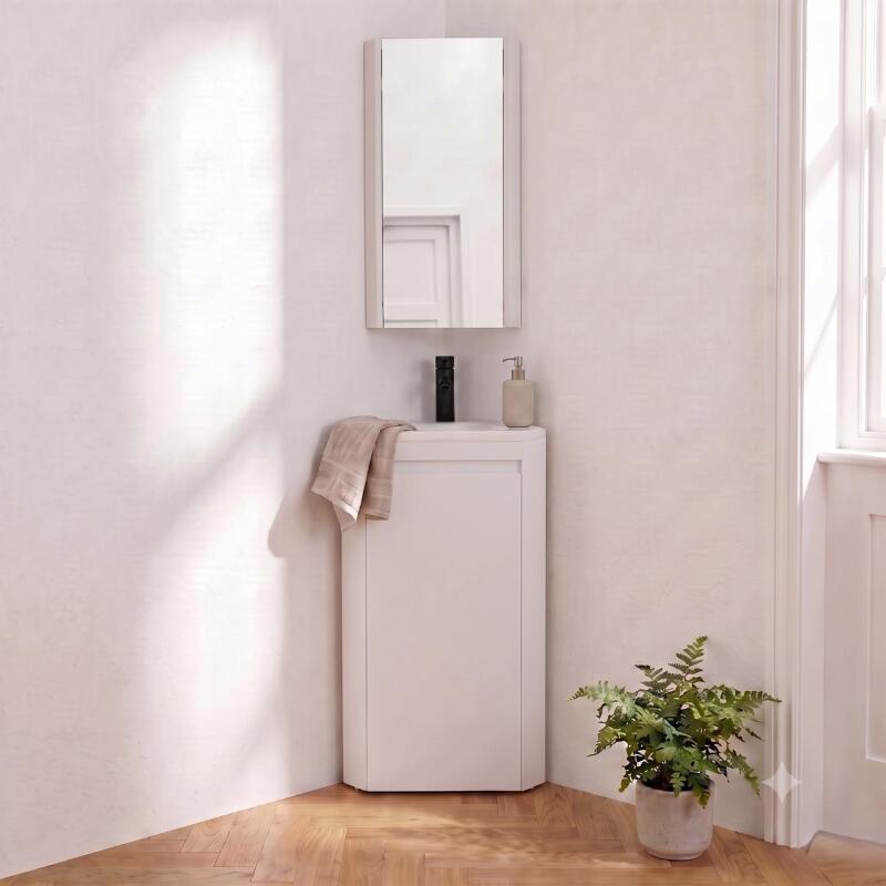 Ensemble lave-mains d'angle sur pieds avec robinet noir et armoire de toilette