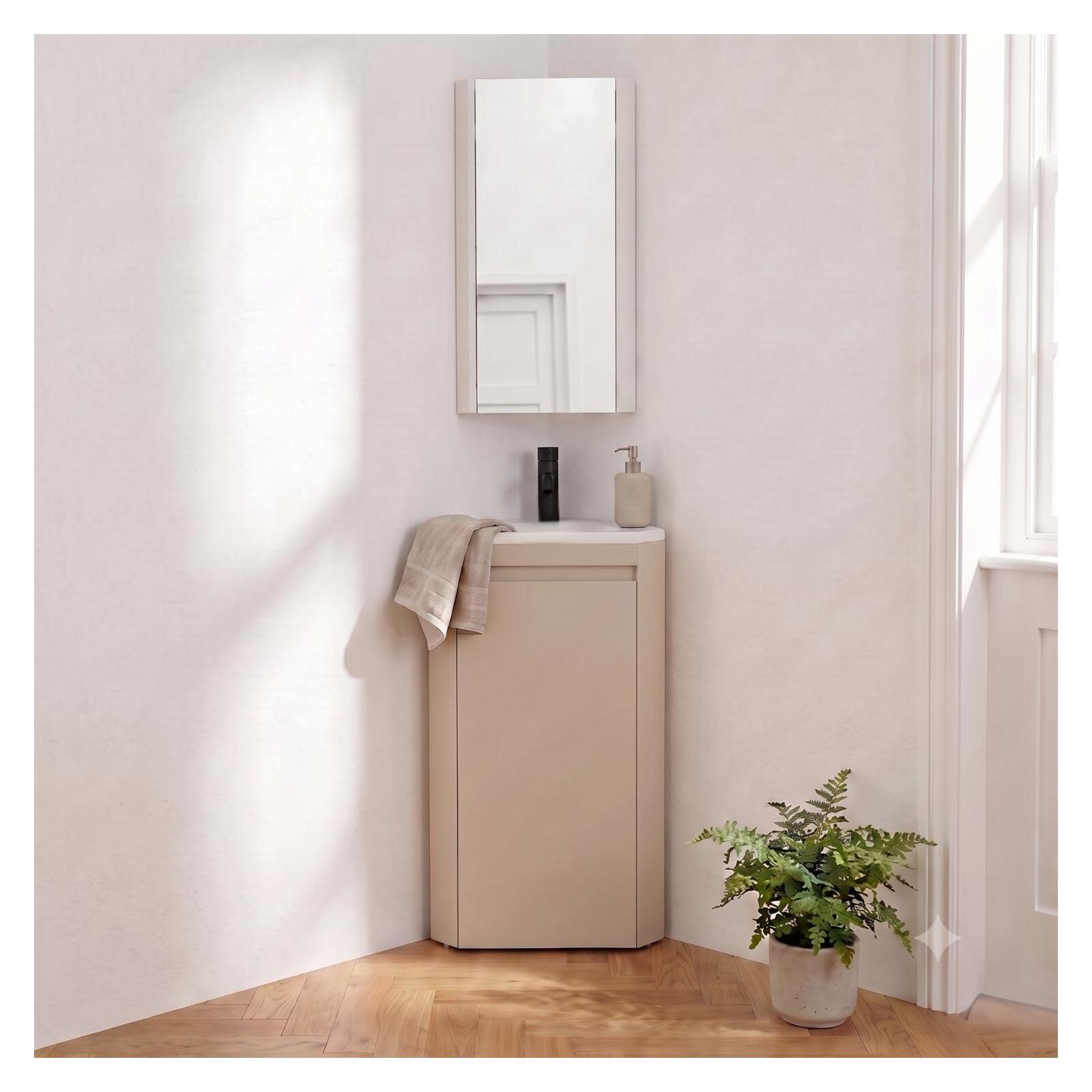 Ensemble lave-mains d'angle sur pieds avec robinet noir et armoire de toilette
