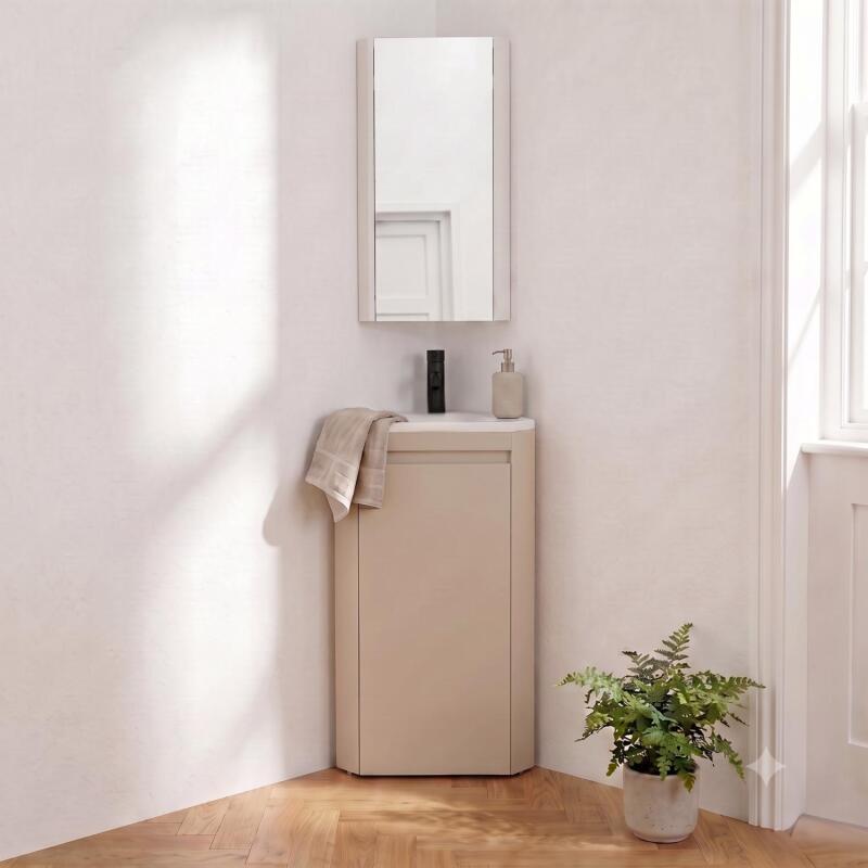 Ensemble lave-mains d'angle sur pieds avec robinet noir et armoire de toilette