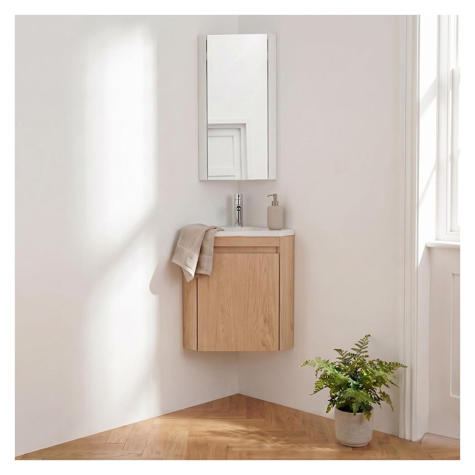 Ensemble lave-mains d'angle suspendu avec vasque résine et robinet chromé et armoire d'angle