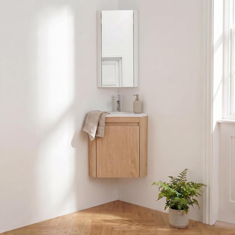 Ensemble lave-mains d'angle suspendu avec vasque résine et robinet chromé et armoire d'angle