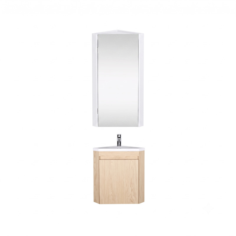 Ensemble lave-mains d'angle suspendu avec vasque résine et robinet chromé et armoire d'angle