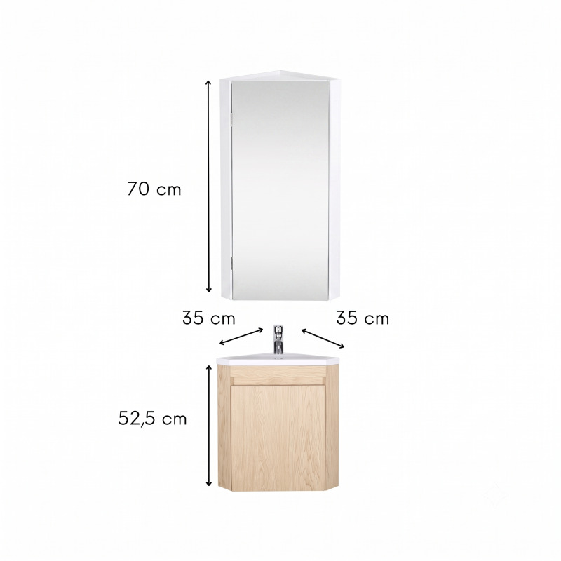 Ensemble lave-mains d'angle suspendu avec vasque résine et robinet chromé et armoire d'angle