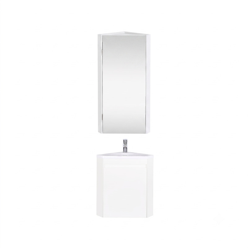Ensemble lave-mains d'angle suspendu avec vasque résine et robinet chromé et armoire d'angle