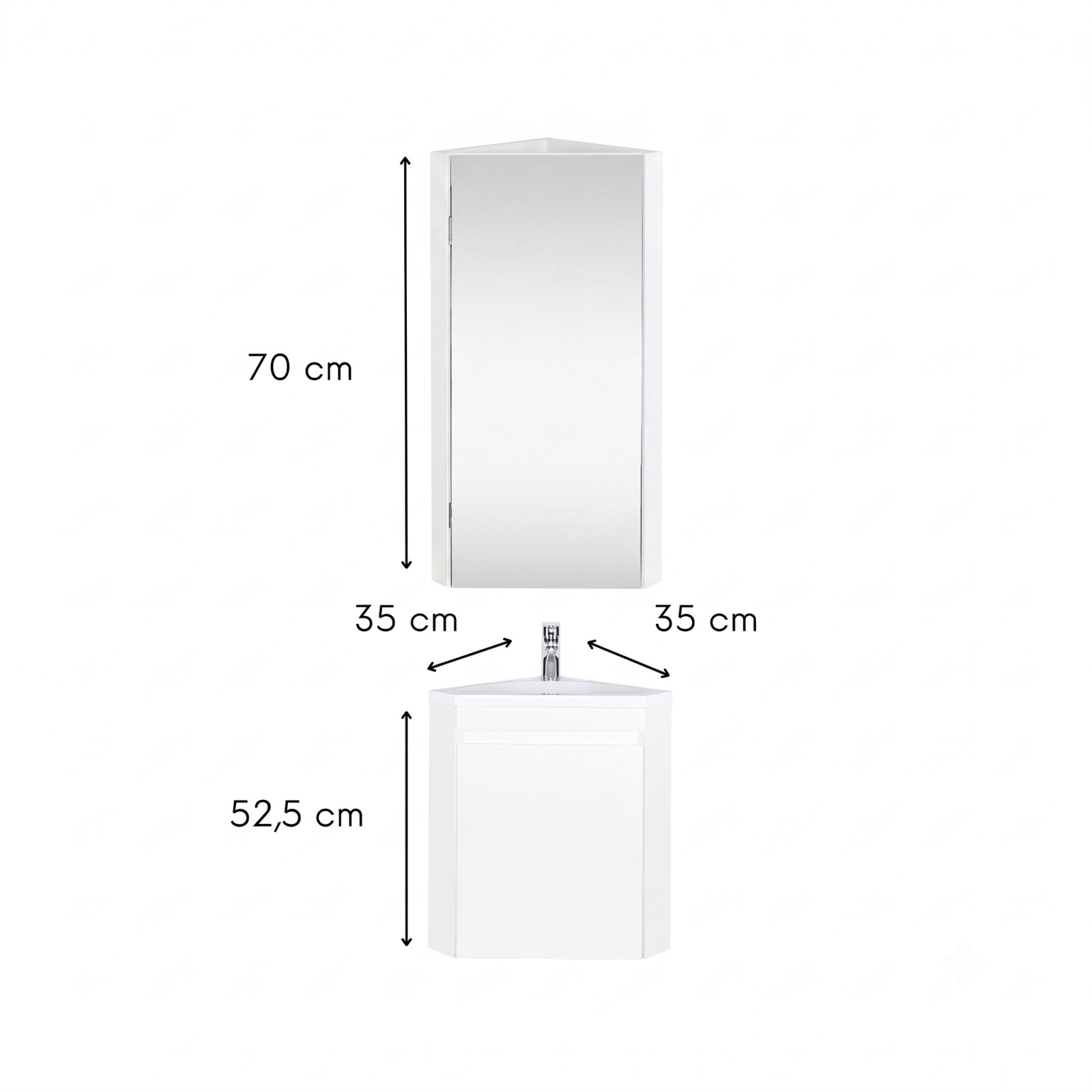 Ensemble lave-mains d'angle suspendu avec vasque résine et robinet chromé et armoire d'angle
