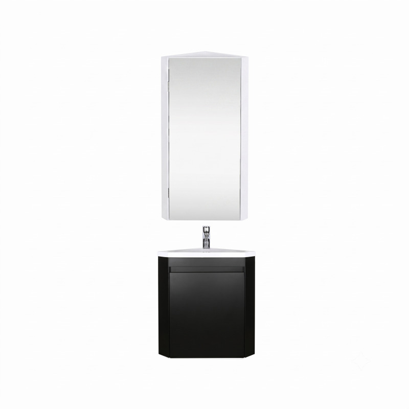 Ensemble lave-mains d'angle suspendu avec vasque résine et robinet chromé et armoire d'angle