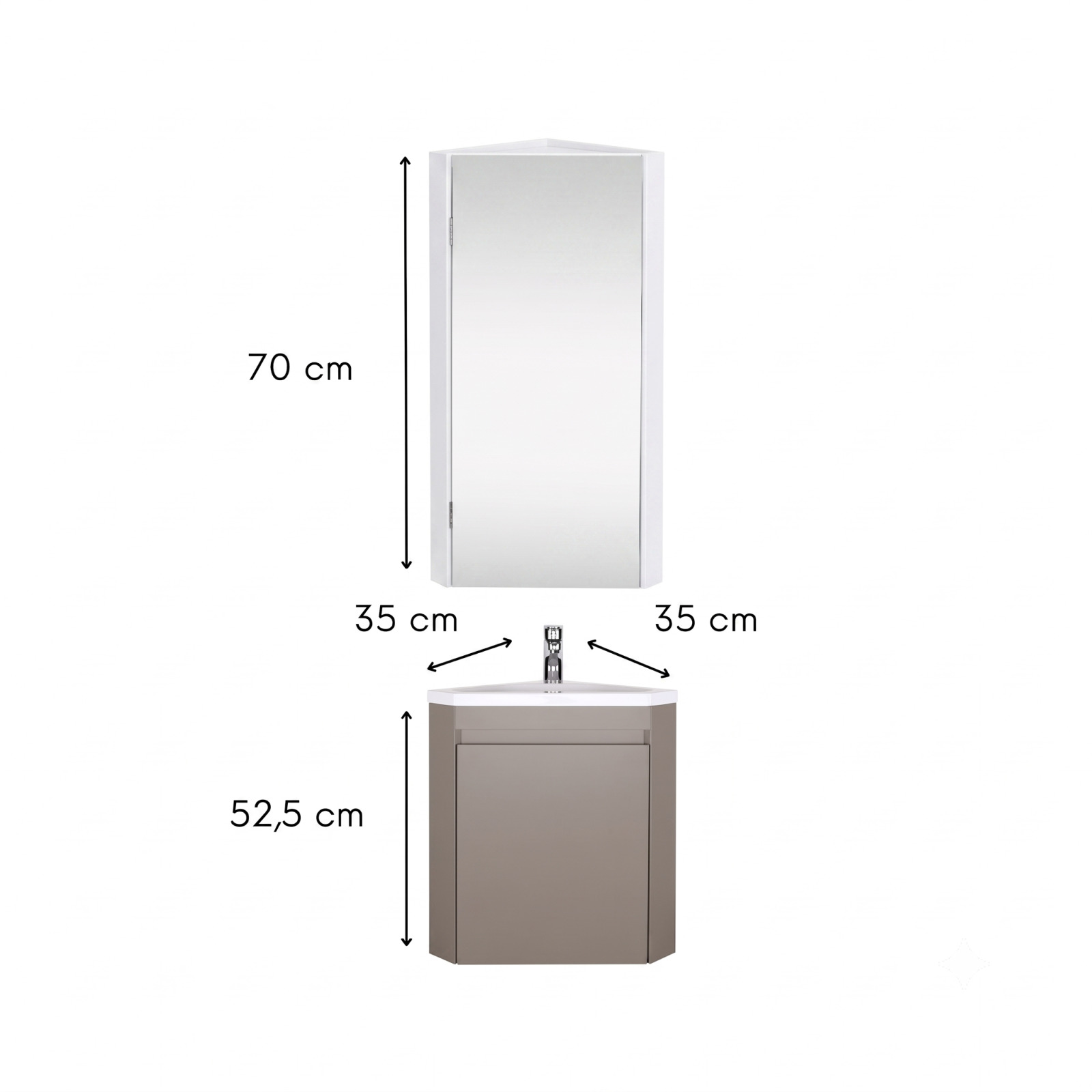 Ensemble lave-mains d'angle suspendu avec vasque résine et robinet chromé et armoire d'angle