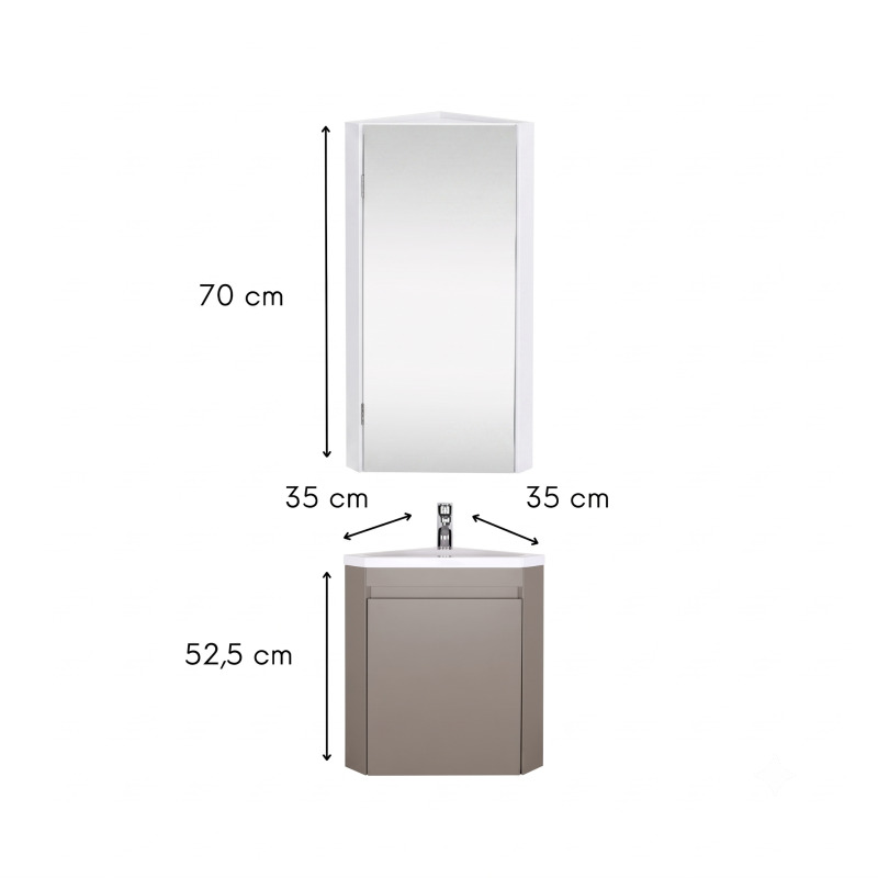 Ensemble lave-mains d'angle suspendu avec vasque résine et robinet chromé et armoire d'angle