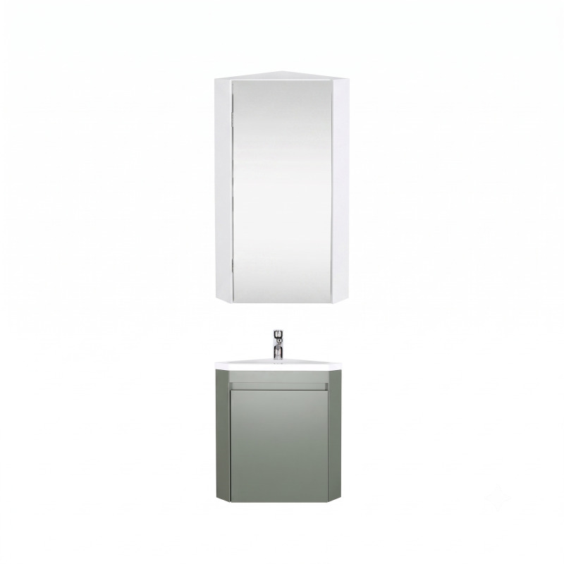 Ensemble lave-mains d'angle suspendu avec vasque résine et robinet chromé et armoire d'angle