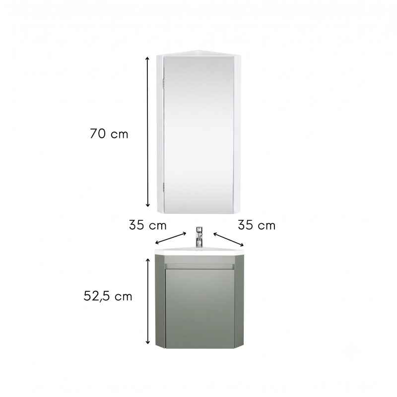 Ensemble lave-mains d'angle suspendu avec vasque résine et robinet chromé et armoire d'angle