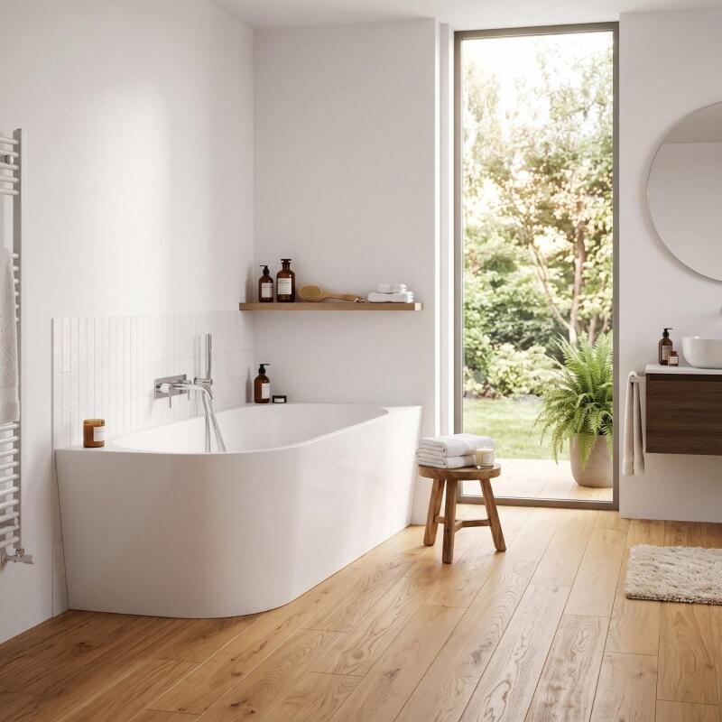 Baignoire semi-îlot blanche 170cm en acrylique Lucite® - Angle droit - Livrée complète