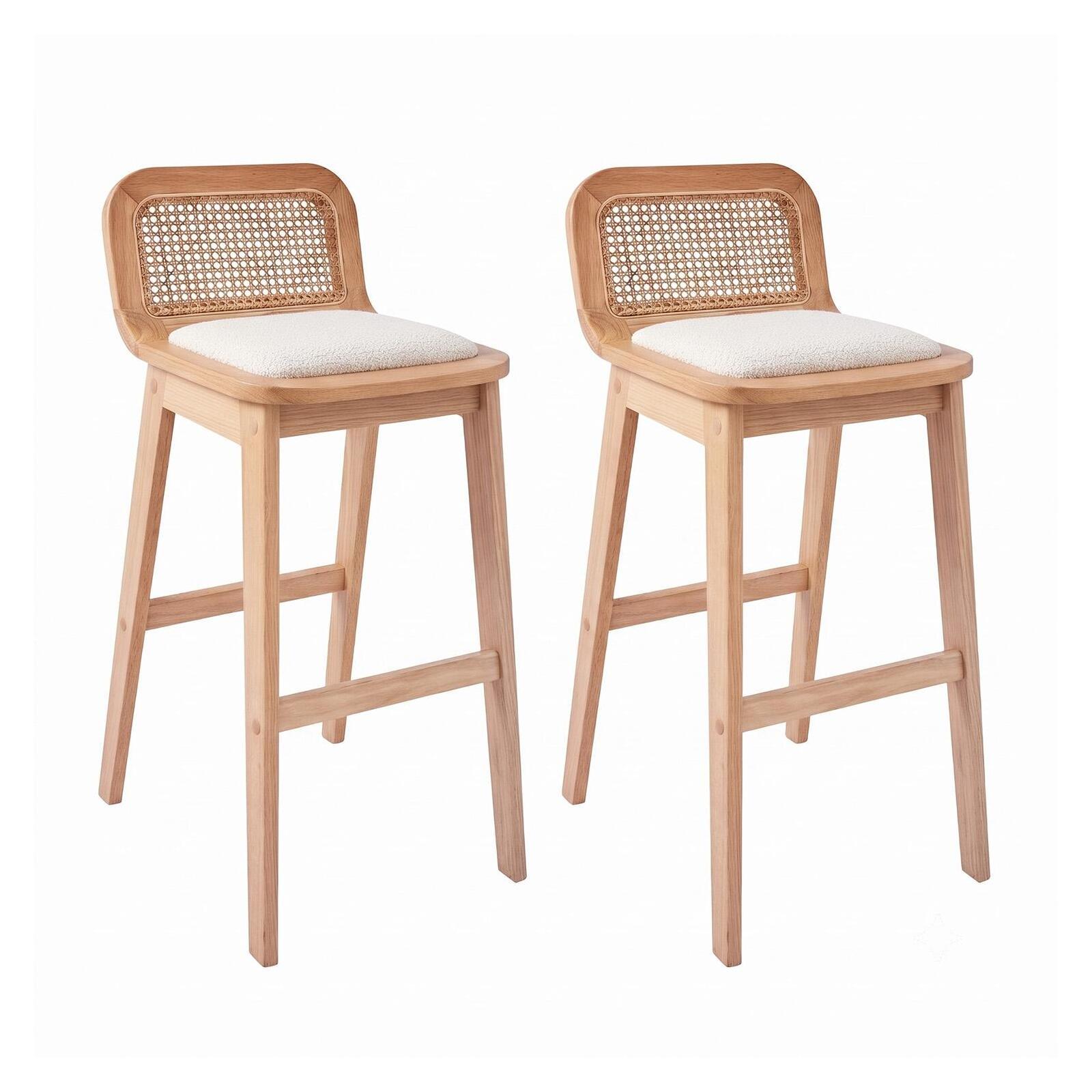 Lot de chaises d'îlot et bar en chêne, assise tissu velours et dossier cannage H65cm