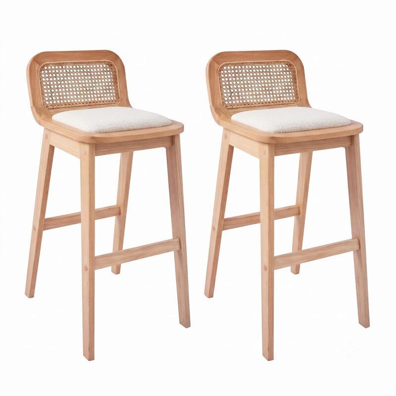 Lot de chaises d'îlot et bar en chêne, assise tissu velours et dossier cannage H65cm